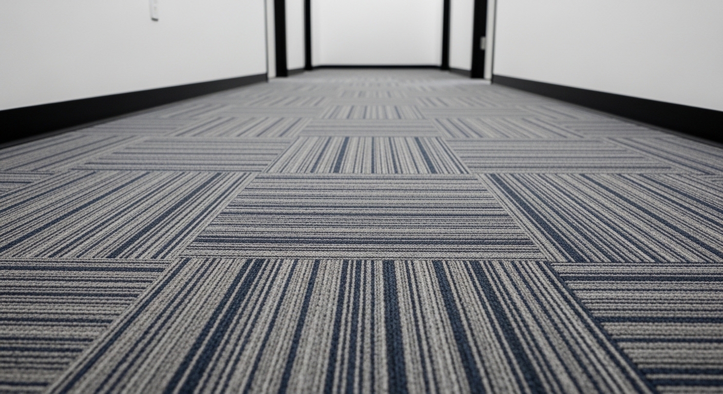 Close-up of patterned carpet tile flooring installed in a commercial office hallway with clean modern finishes
