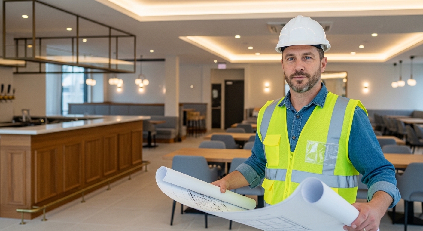General contractor holding blueprints inside a newly finished restaurant interior with bar seating and modern lighting