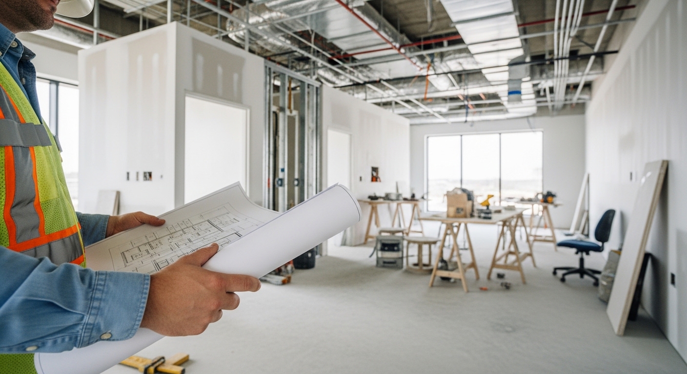 Construction professional holding blueprints inside an office interior under construction with exposed ceiling, framing, and workstations setup
