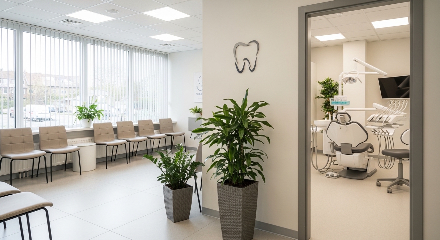 Bright dental clinic reception and waiting area with chairs, plants, and adjacent treatment room with dental equipment and chair