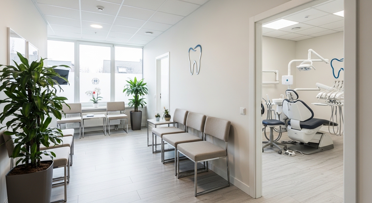 Modern dental clinic waiting area with seating, plants, and adjacent treatment room with dental chair and equipment