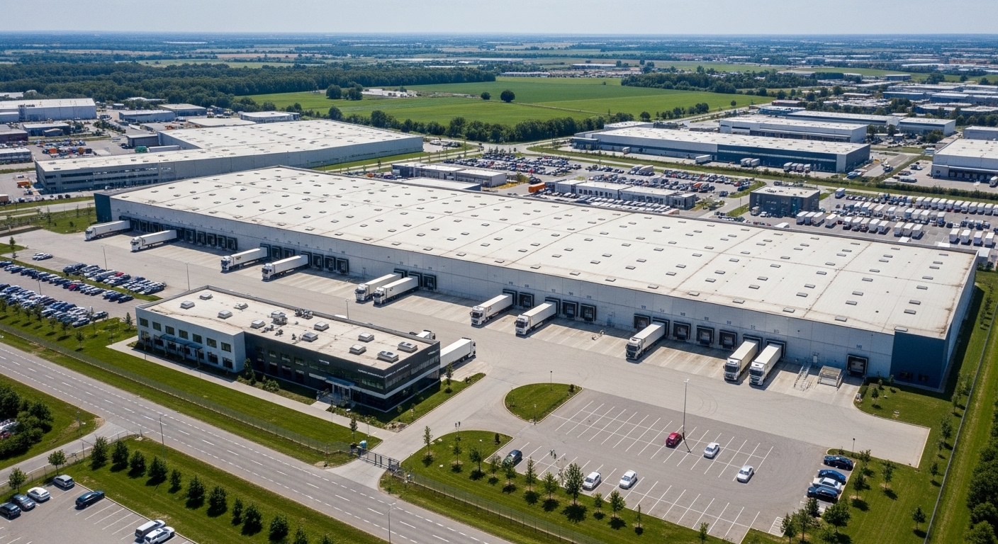 Aerial view of a large industrial distribution center with multiple loading docks, truck bays, and parking areas in a commercial warehouse facility