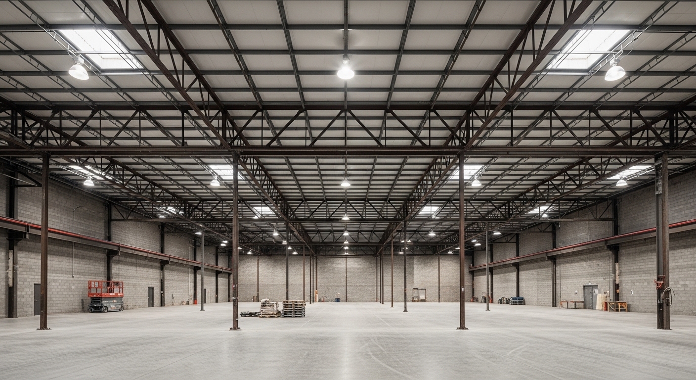 Large empty industrial warehouse interior with high ceilings, steel structure, and open floor space ready for commercial use