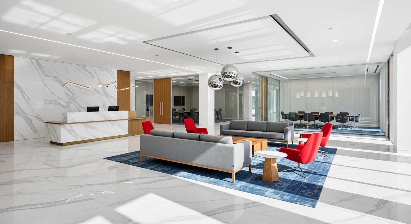 Modern office lobby with reception desk, seating area, and glass conference rooms showcasing a high-end commercial interior design and build project