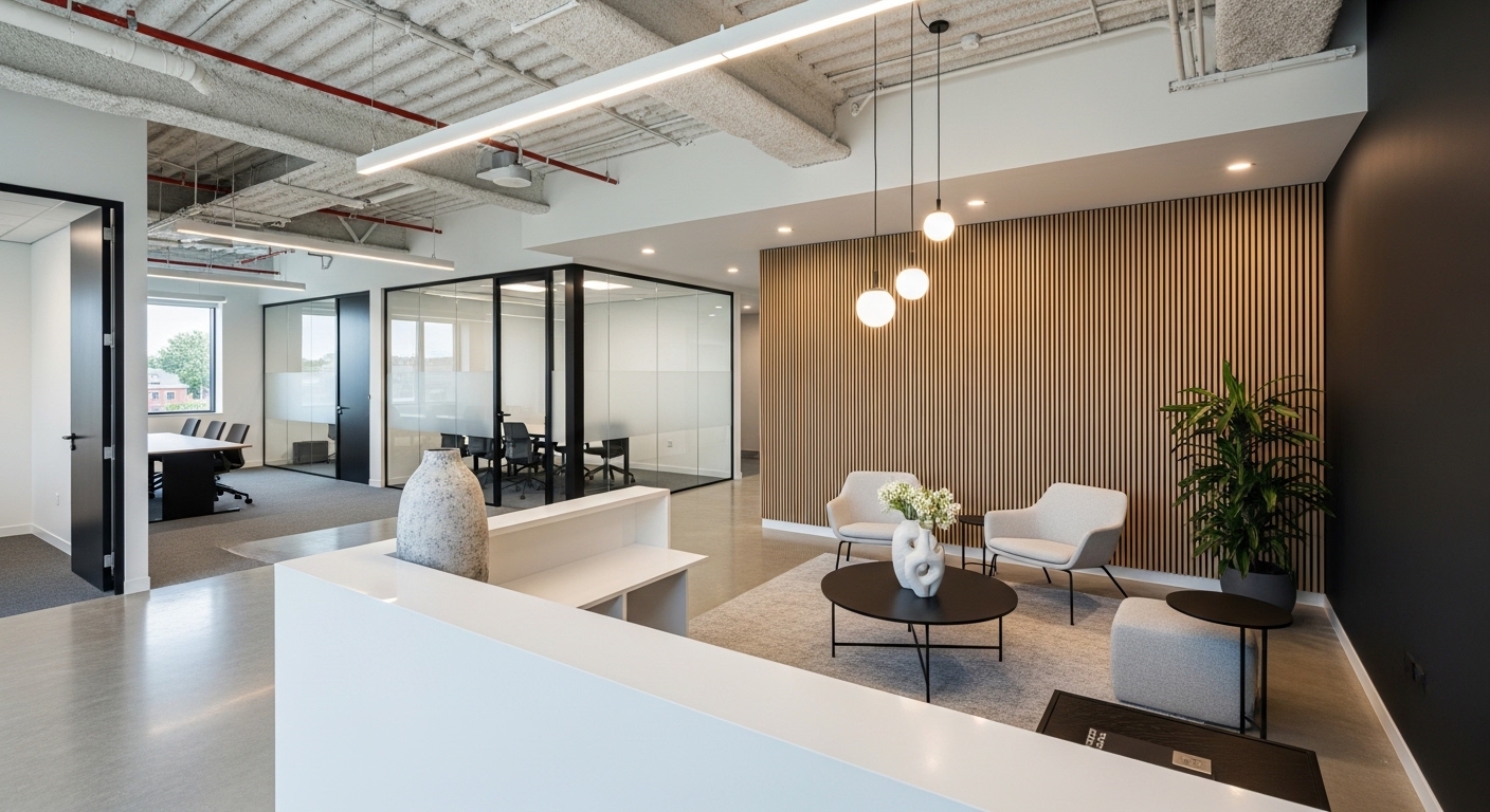 Modern office reception area with seating, glass meeting rooms, wood accent wall, and contemporary lighting in a renovated commercial space