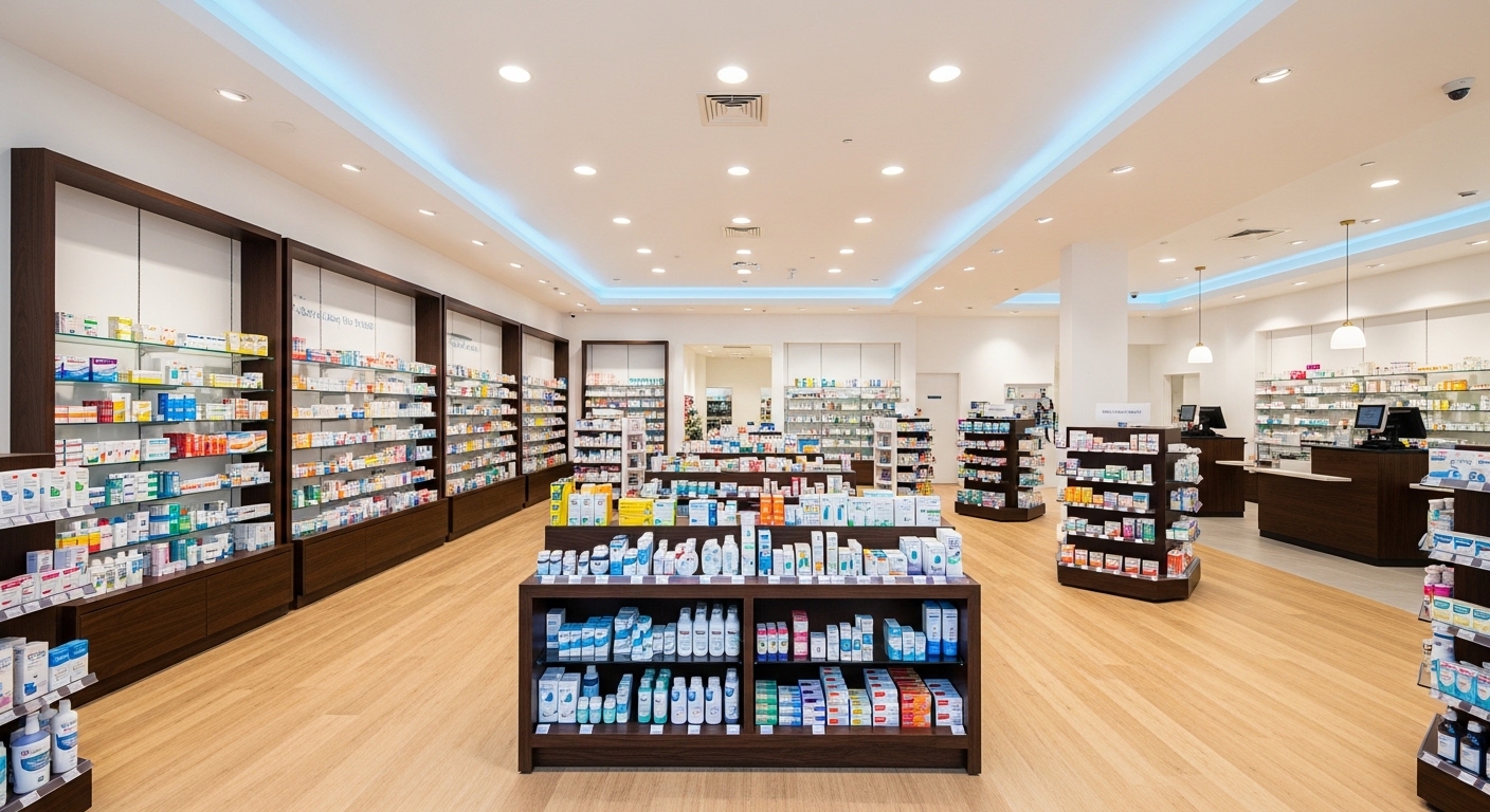 Modern pharmacy retail interior with organized product shelves, wood flooring, and checkout counters in a completed commercial fit-out